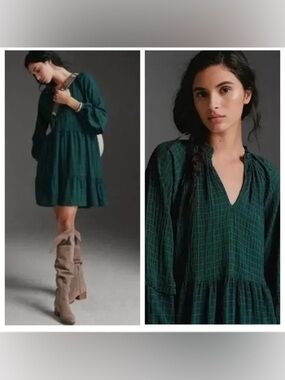 Mare Mare x Anthropologie Forest Green Anne Tiered Tunic Dress NWOT